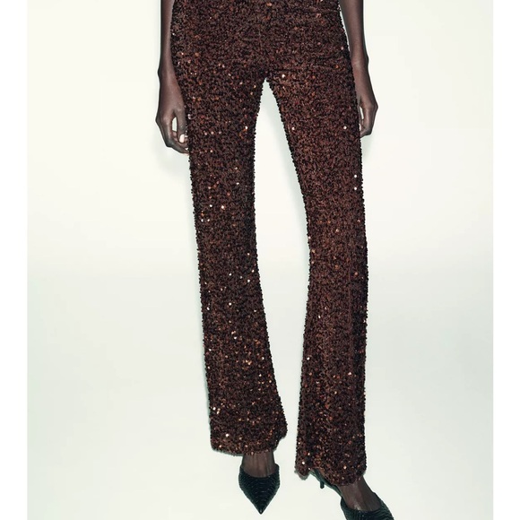 Zara Flare Velvet Sequin Pants / Leggings - Dark Brown - Picture 3 of 7